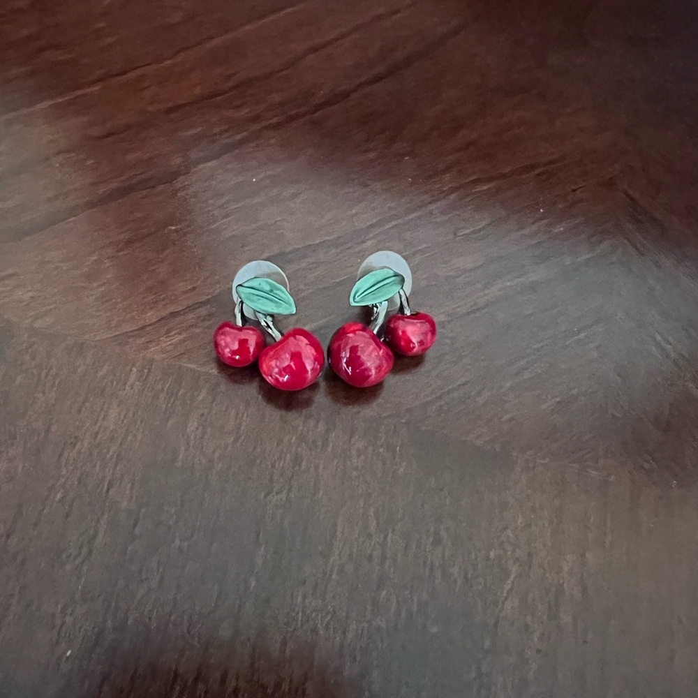 Cherry Earrings with Green Leaves